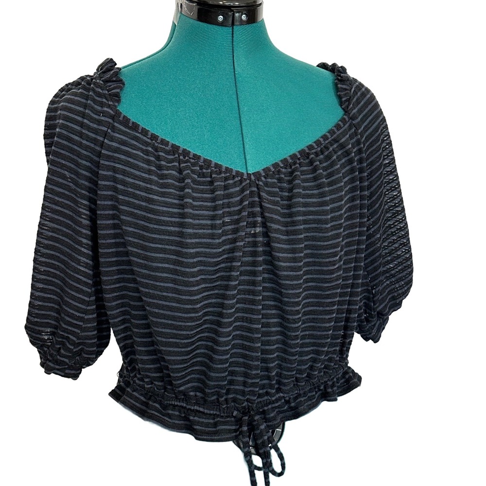 Free People Peasant Blouse Striped Off Shoulder Medium Black Blue Boho Crop Top - Picture 2 of 8